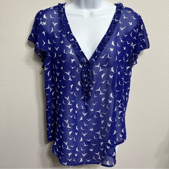 Lily Rose Size XL Sheer Royal Blue Blouse With White Bird Print - Picture 3 of 11